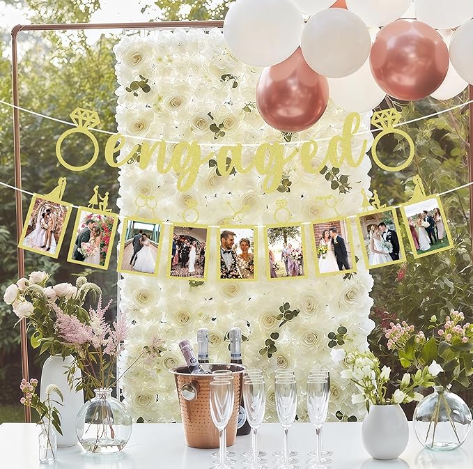 Pre-Strung Engaged Photo Banner - Gold Glitter Engagement Party Decoration Supplies with Romantic Memories Picture Card Frames for Bachelorette, Bridal Shower, Wedding Party Photo Booth Props