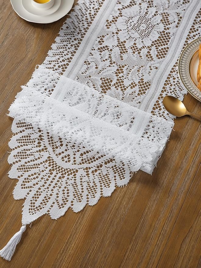 Jayla White Lace Table Runners, Elegant Vintage Lace Table Runner, Wedding Lace Decor with Floral Embroidery,Tea Party Decor, 13x45 Inch