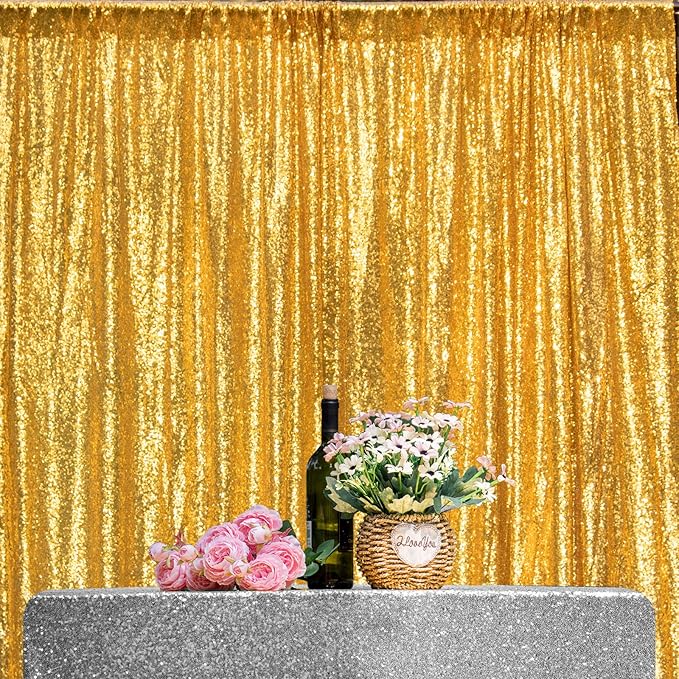 JYFLZQ Gold Sequin Backdrop Curtains 4ft x 8ft 2 Panel Glitter Photo Booth Backdrops Sparkly Photography Background Drapes for Parties Wedding Bridal Showers
