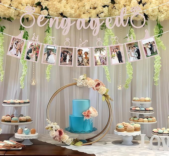 Pre-Strung Engaged Photo Banner - Rose Gold Glitter Engagement Party Decoration Supplies with Romantic Memories Picture Card Frames for Bachelorette, Bridal Shower, Wedding Party Photo Booth Props