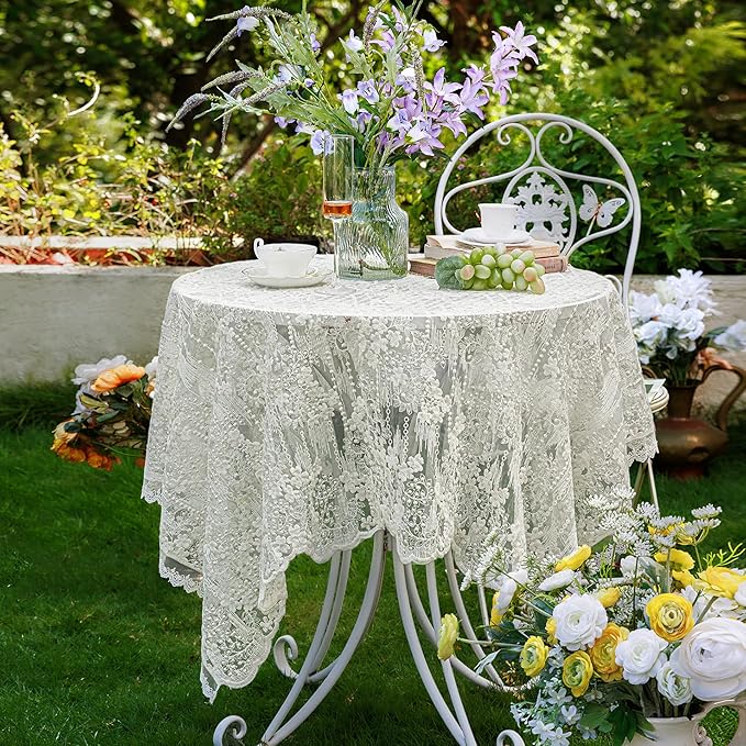 Lace Embroidered Tablecloth. Rectangle Lace Vintage Tablecloth Dustproof Table Protector for Kitchen Dining Room Party Banquet Home Picnic Wedding Decoration (Creamy White 90.5×53 inch)