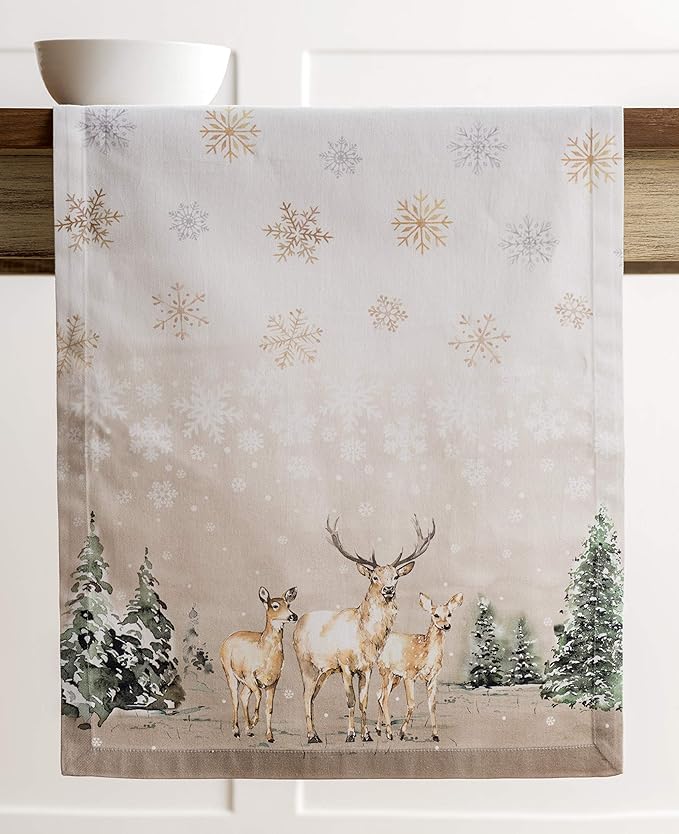 Maison d' Hermine Table Runner 100% Cotton Single Layer Table Runners 90 inches Long for Thanksgiving Christmas Decorations Home Kitchen Dining Party Wedding (Deer in The Woods, 14.5" x 90")