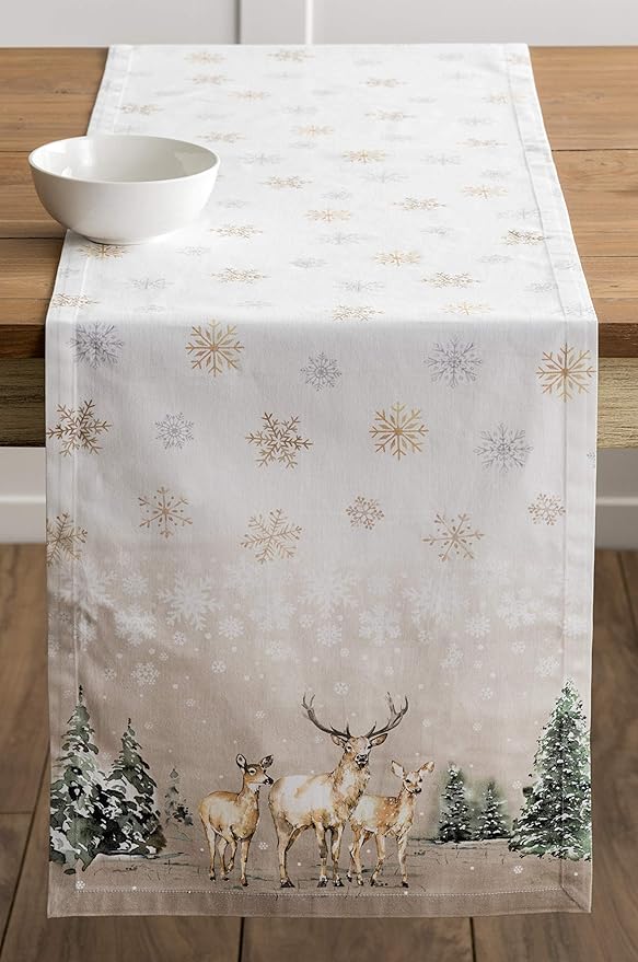 Maison d' Hermine Table Runner 100% Cotton Single Layer Table Runners 90 inches Long for Thanksgiving Christmas Decorations Home Kitchen Dining Party Wedding (Deer in The Woods, 14.5" x 90")