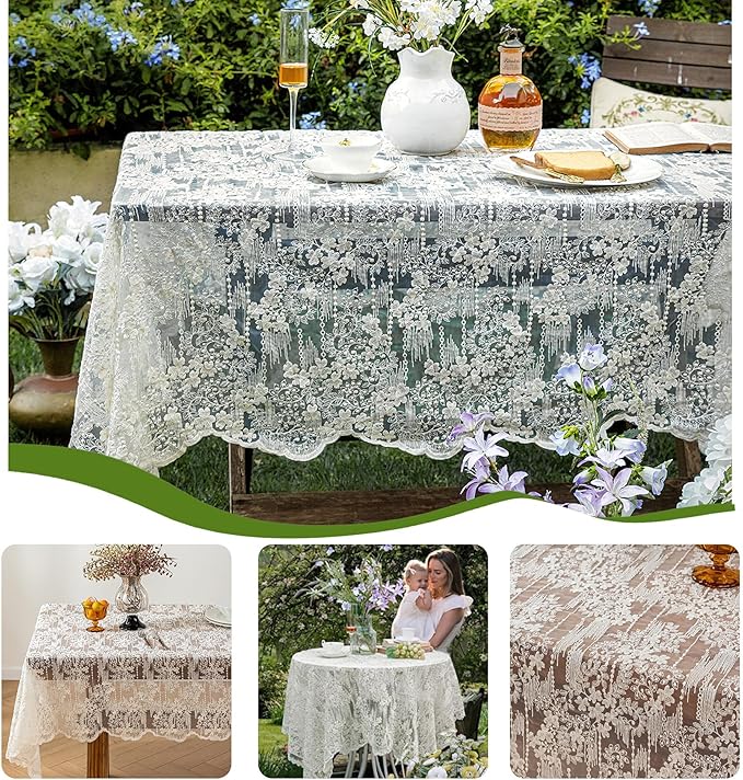 Lace Embroidered Tablecloth. Rectangle Lace Vintage Tablecloth Dustproof Table Protector for Kitchen Dining Room Party Banquet Home Picnic Wedding Decoration (Creamy White 90.5×53 inch)