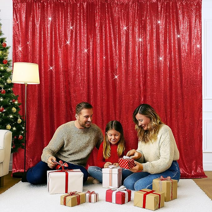 SquarePie Sequin Backdrop Curtain Less See Through Background for Wedding Christmas Party(8FT x 8FT, Red)