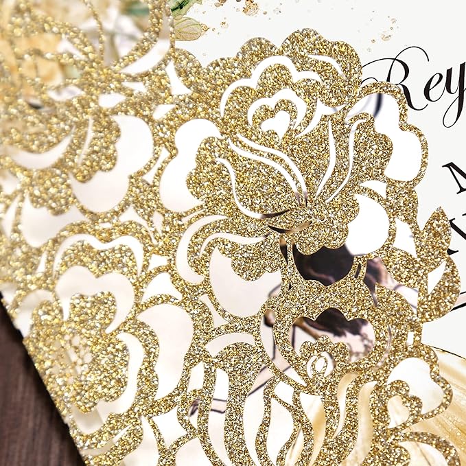 DORIS HOME 50pcs Laser Cut Quinceanera Invitations Gold Glitter, 4.7x7.1 Personalized Quince Invitations for 15th Birthday, Invitation cards for Sweet 16 with Envelopes