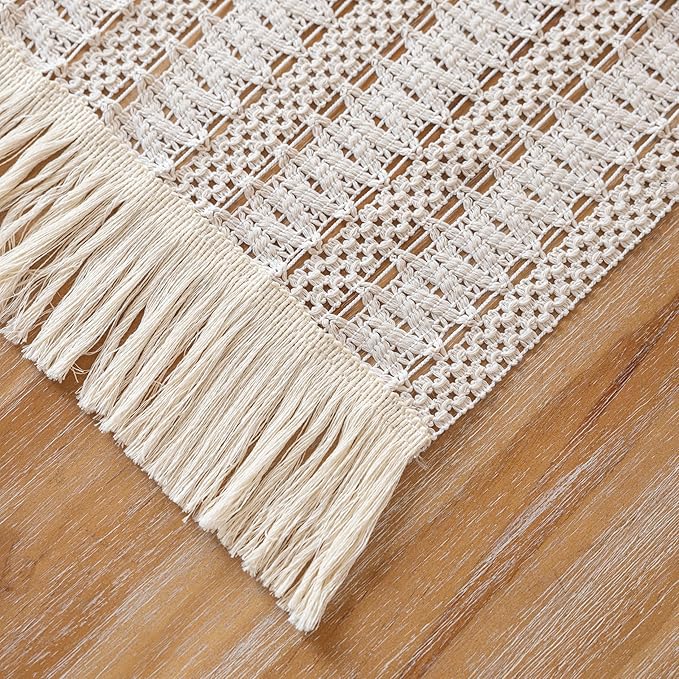 Keketo Boho Table Runner White for Home Décor 12x72 Inches Farmhouse Macrame Burlap Jute Rustic Dining Kitchen Centerpiece Bohemian Decor French Country Bridal Shower Decorations