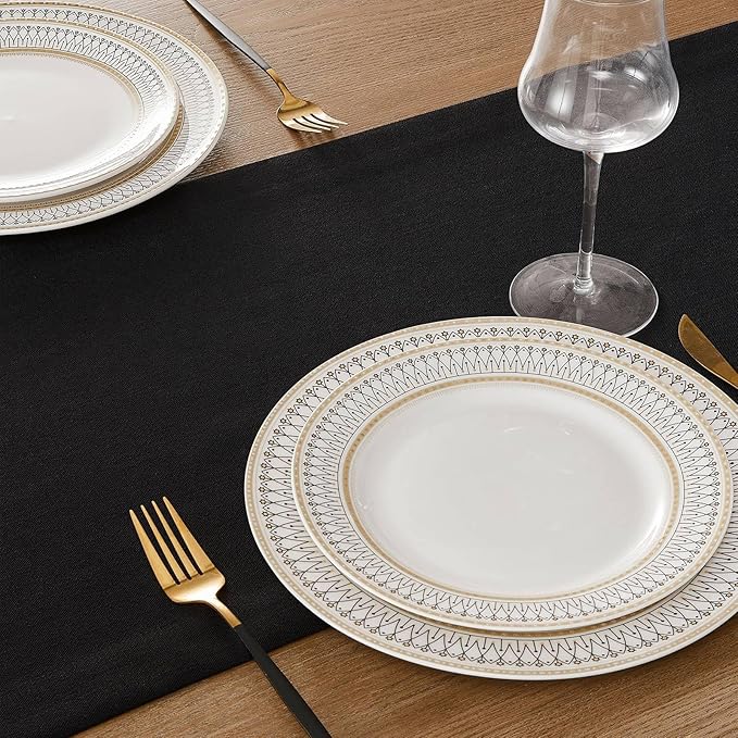 ZeeMart Linen Textured Border Table Runner, 14 x 36 Inch Black, Farmhouse Style Black Table Runners 36 Inches Long, Easy Care Everyday Polyester Table Runner