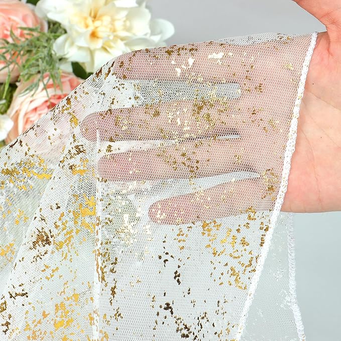 LOMOHOO 10 Ft Gold Table Runner, Golden Sheer Sequin Table Runners 120 Inches Long Glitter Metallic Foil Lace Fabric Table Decor for Birthday Party Wedding Anniversary Centerpiece (1pcs)