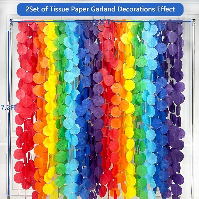 205Ft Rainbow Party Decorations Big Polka Dots Tissue Paper Backdrop Streamer Colorful Circle Dots Hanging Curtain Garland for Birthday Fiesta Carnival Baby Shower Wedding Engagement Party Supplies