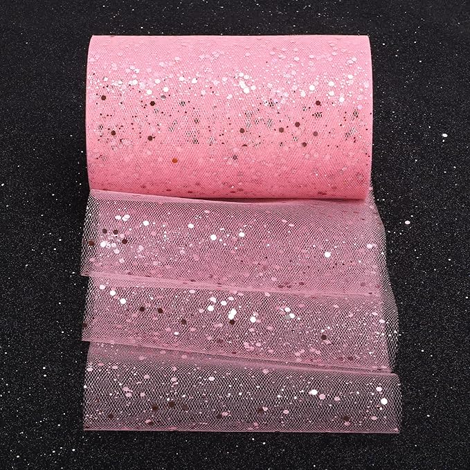 Glitter Tulle Rolls, 6” by 50 Yards (150FT) Sparkling Tulle Spool Ribbon Sequin Tulle Netting Fabric for Tutu Skirt Wedding Birthday Baby Shower (Pink)