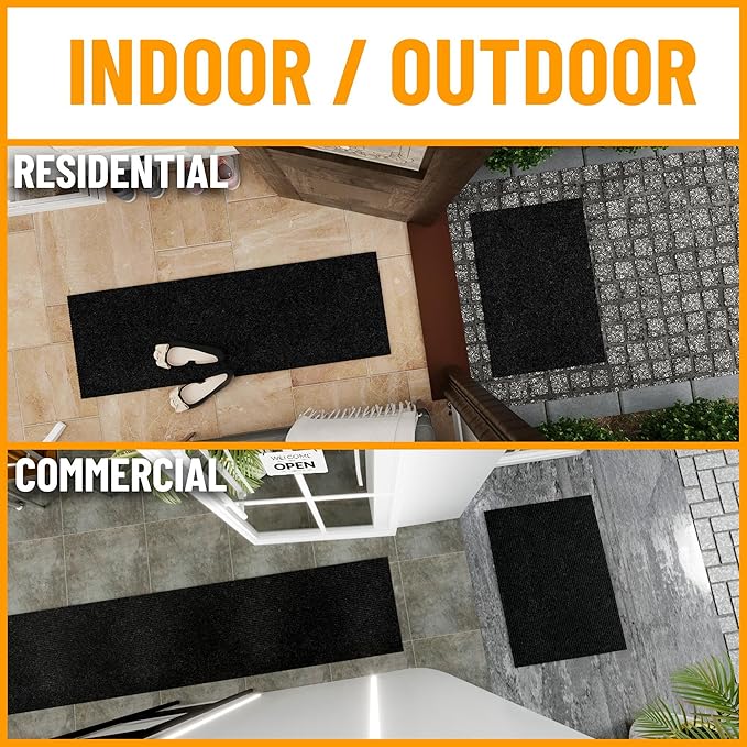 Ottomanson 2' x 12' Hallway Runner with Scraper Pile Extra Durable Non-Slip Rug Mat for Indoor & Outdoor Use - Ideal for Kitchen, Entryway, Patio & Garage - High-Traffic Carpet, Black
