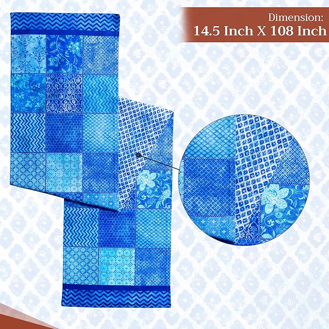 Maison d' Hermine Table Runner 100% Cotton Double Layer Table Runners 108 inches Long Decorative for Home Kitchen Dining Party Wedding Bridal Shower Spring Summer (Indigo Love, 14.50" x 108")