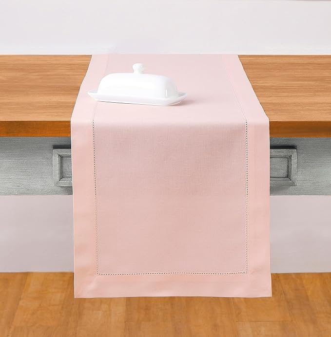 Solino Home Pink Table Runner 36 Inches - Cotton Linen Hemstitch Coffee Table Runner 14 x 36 Inch Ideal for Dresser Tables - Fall, Autumn, Halloween, Thanksgiving, Christmas