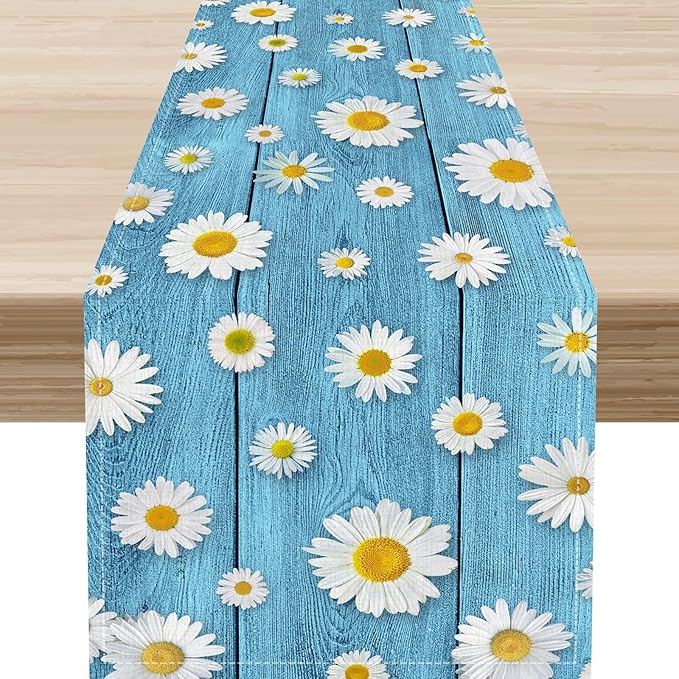 Daisy Floral Table Runner, Farmhouse Abstract Spring Seasonal Summer Blue White Flower Rustic Table Center Decor for Home Kitchen Dining Patio Holiday Party Indoor Table Decorations, 13"x90" Inch