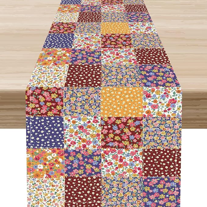 Patchwork Table Runner, Boho Vintage Floral Checkered Plaid Bohemian Paisley Flower Farmhouse Table Center Decor for Home Kitchen Dining Patio Holiday Party Indoor Table Decorations, 13"x72" Inch