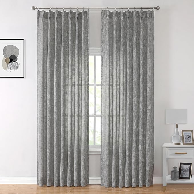 Vision Home Gray Pinch Pleated Semi Sheer Curtains Textured Light Filtering Window Curtains 90 inch for Living Room Bedroom Rayon Blended Charcoal Grey Pinch Pleat Drapes with Hooks 2 Panels 40"Wx90"L