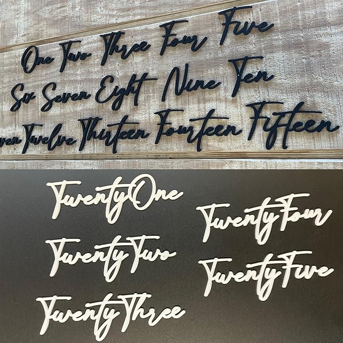 Cursive Wedding Table Number SET, DIY thin modern Black or White acrylic cutouts with silicone glue included. Words only, no backing (One - Twenty Five, Gloss White)