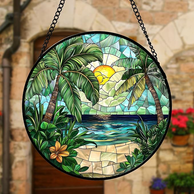 Stained Glass Window Hanging, Green Beach Scenery Suncatcher Diamond Glass Panel Hangings Sun Catchers Decor for Birthday for Women, Men, Wife, Aunt, and Mom 11.8x11.8 in