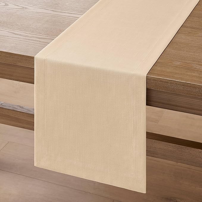 ZeeMart Linen Textured Border Table Runner, 14 x 48 Inch Oatmeal, Farmhouse Style Beige Table Runners 48 Inches Long, Easy Care Everyday Polyester Table Runner