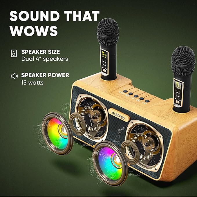 MASINGO Karaoke Machine for Adults and Kids with 2 Wireless Microphones, Portable Bluetooth Singing Speaker, Colorful LED Lights, PA System, Lyrics Display Phone Holder, and TV Cable. Presto G2 Wood