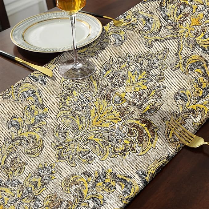 Large Dinner Room Table Runner Jacquard Chenille Luxury Floral Tablecloths Beige (13*120 inch)