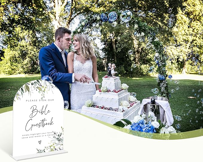 Greenery Bible Guest Book Sign, 6 x 8 Inch White Arch Acrylic Wedding Sign with Holder, Wedding Sign for Ceremony and Reception, Wedding Decoration, Wedding Supplies - LY28