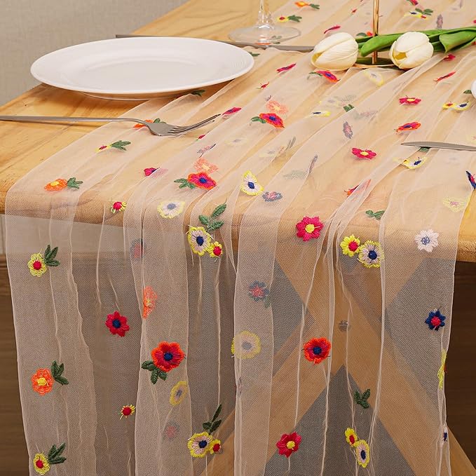 BINBE 12pcs Daisy Fall Table Runner Embroidery Gauze 10FT Florals Seasonal Tulle Holiday Birthday Kitchen Dining Table Decor for Home Party Champagne