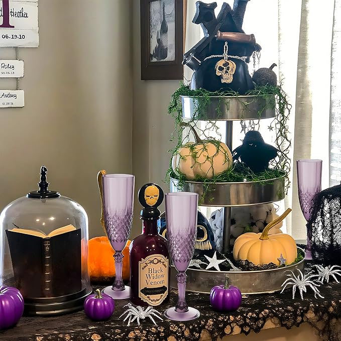 Plastic Champagne Flutes, 24PCS Dark Purple Wine Glasses Goblets Cups Reusable Flute, for Halloween Weddings Bachelor Parties Toasting and Events(24, Dark Purple)