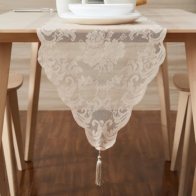 LinenZone Linen Table Runner with 2 Tassels for Rustic Vintage Decor. Lace Table Runner Works Great As Wedding, Thanksgiving, Christmas Decor (Mia 14 x 72, Linen)