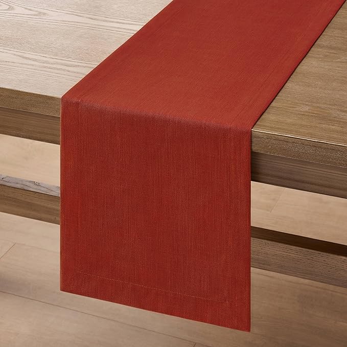 ZeeMart Linen Textured Border Table Runner, 14 x 90 Inch Orange, Farmhouse Style Burnt Orange Fall Table Runners 90 Inches Long, Easy Care Everyday Polyester Table Runner