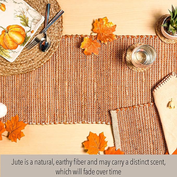 Chardin home Natural Jute Table Runner 13x36 Inch – Vintage Boho Rustic Table Decor – Handwoven Table Runner in Natural Jute and Rust Orange – Farmhouse Dining or Console Table Accent