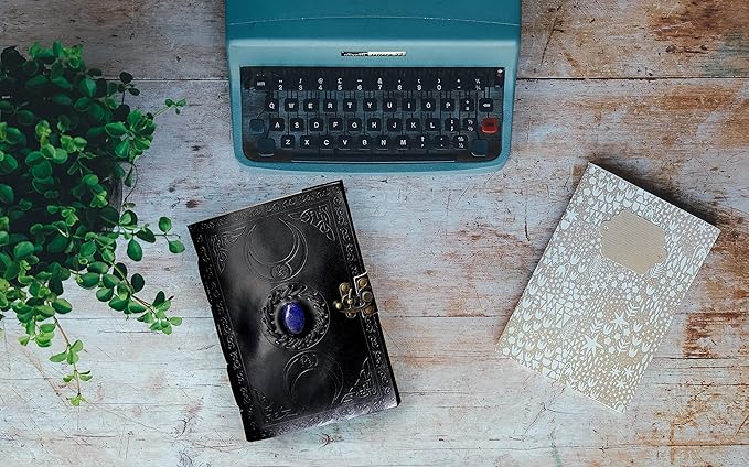 3 Moon Blue Lapiz Embossed Vintage Leather Journal | 240 Pages of Antique Handmade Deckle Edge Vintage Paper, Leather Sketchbook, Drawing Journal, Great Gift (5 by 7 inch, black)