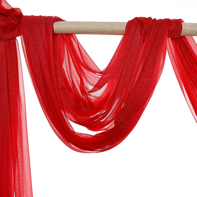 VDS Pack of 2 Panel (30 Inch X 30 Feet) Wedding Arch Draping Fabric Sheer Chiffon Fabric Drapery for Wedding Ceremony Reception Swag Backdrop Canopy Chuppah ARBO Altars Decoration (Red)