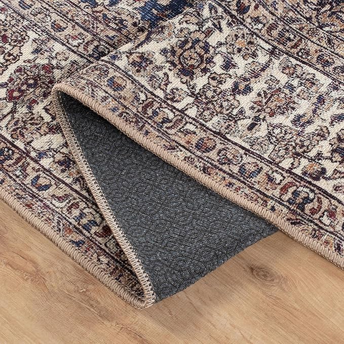 Bloom Rugs Washable Non-Slip 10 ft Runner - Dark Blue/Beige Traditional Medallion Runner for Entryway, Hallway, Bathroom, and Kitchen - Exact Size: 2.5' x 10'