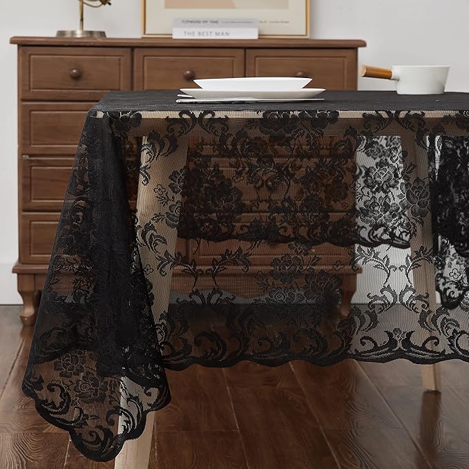 LinenZone Black Rectangle Tablecloth for Rustic Vintage Decor. Sheer Lace Tablecloth Works Great As Wedding Table Cloth or Christmas Table Cover (Mia TC 60 x 144, Black)