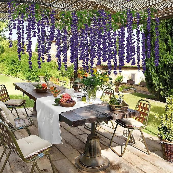 48 Pcs of Wisteria Hanging Flowers, 3.75 Ft Fake Wisteria Flower Strings, Artificial Wisteria Flowers Hanging Garland for Backdrop, Wedding, Ceremony,Garden and Home Wall Decoration (Dark Purple)
