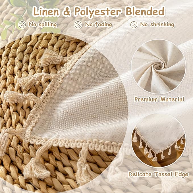MYSKY HOME Table Cloth 60x84 in Rectangle Table, Heavy Duty Cotton Tassel Linen Look Waterproof Tablecloths Farmhouse Tablecloth, Wrinkle Free Table Cover with Beige Tassels for Kitchen Dining, Party