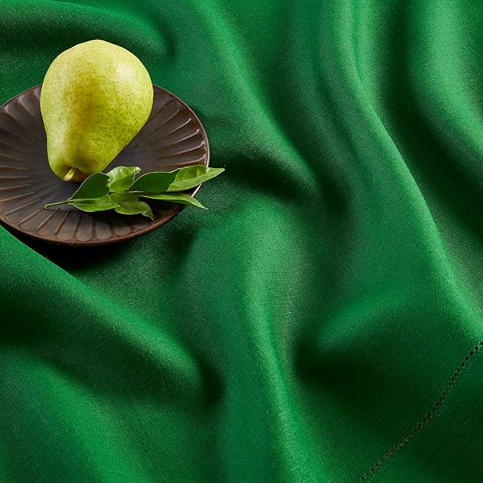 Solino Home Garden Green Linen Tablecloth 60 x 132 Inch - 100% Pure Linen Hemstitch Table Cloth for Rectangle Tables - Classic Hemstitch, Machine Washable Tablecloth for Christmas