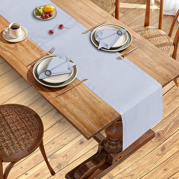 Ruvanti Linen Table Runner 72 Inches, Classic Hemstitch, Washable, Reusable, Non-Slipping, Stain Resistant- Perfect for Parties, Weddings, Dinners, Thanksgiving, Christmas, Indoor use – Arctic Ice
