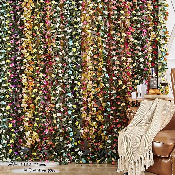8 Pcs x 8.2 ft Flower Garland Artificial Rose Vine Flowers with Green Leaves Hanging Fake Roses Vine for Room Party Home Wedding Birthday Christmas Wall Arch Decor, Spring Yellow Flower
