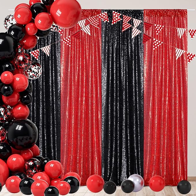Poise3EHome 2Pcs 2Ft x 8Ft Red Sequin Backdrop Curtains, Glitter Photography Background, Sequence Xmas Thanksgiving Backdrop