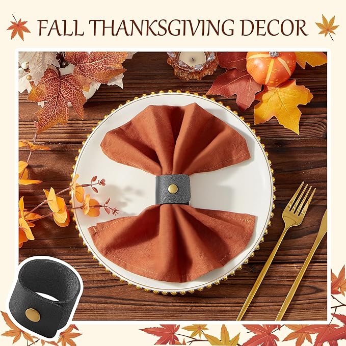 APTWOW 40PCS Leather Napkin Rings, Fall Thanksgiving Napkin Holder, Black Halloween Vintage Farmhouse Napkin Rings Bulk for Wedding Party Birthday Banquet Table Decoration and Daily Use
