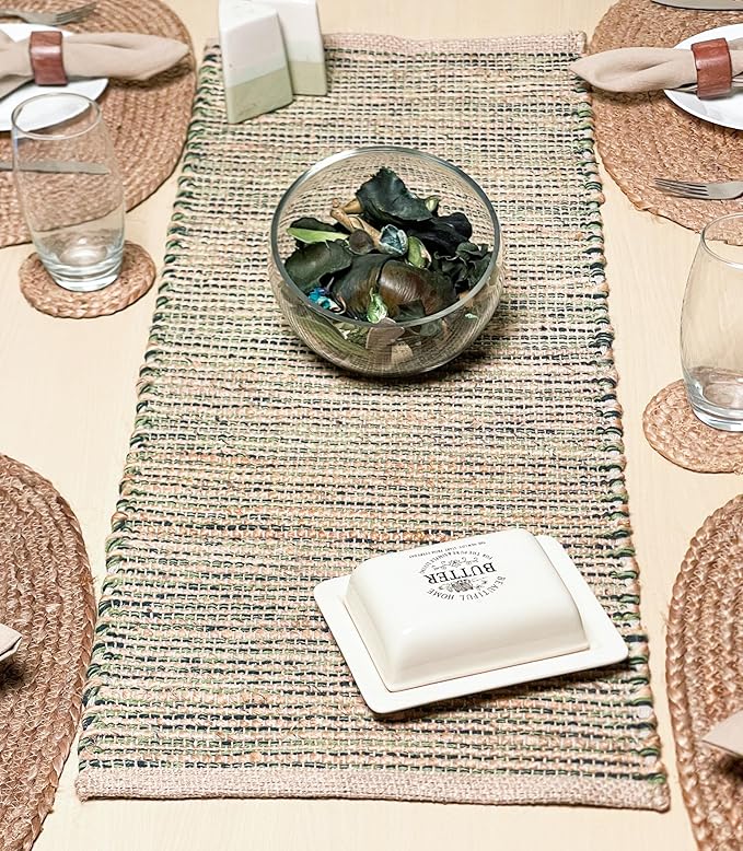 Chardin home Natural Jute Table Runner 13x36 Inch – Vintage Boho Rustic Table Decor – Handwoven Table Runner in Natural Jute and Green – Farmhouse Dining or Console Table Accent