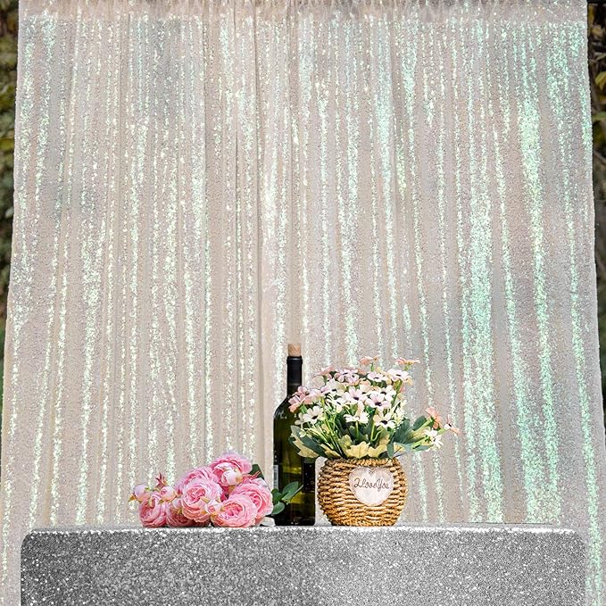 JYFLZQ White Iridescent Sequin Backdrop Curtains 7ft x 7ft 1 Panel Glitter Photo Booth Backdrops Sparkly Photography Background Drapes for Parties Wedding Bridal Showers