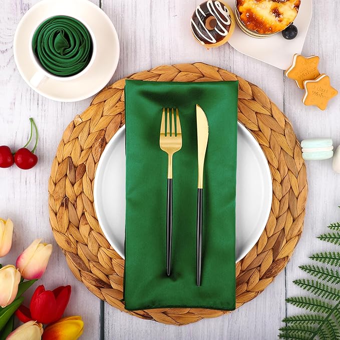 ANECO 16 Pack Square Satin Napkin Bright Silk Table Napkin Soft Smooth Fabric Table Napkin for Wedding Banquet Party Decoration, Forest Green, 20 x 20 Inch
