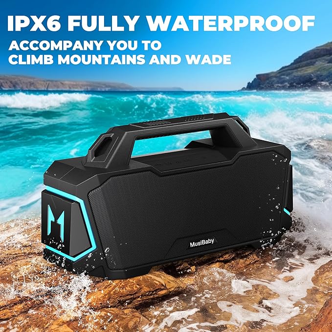 Bluetooth Speaker,Musibaby M1 Portable Bluetooth Speakers:Loud Stereo Sound with Subwoofer,Deep Bass,IPX6 Waterproof,Wireless Speaker with BT5.3,Dual Pairing,24H+ Playtime for Outdoor,Beach(Blk)