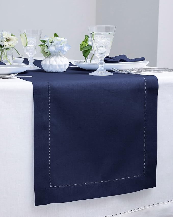 Solino Home Linen Navy Blue Table Runner 144 Inches Long - 100% Pure Linen Extra Long Table Runner 14 x 144 Inch for Fall, Autumn, Thanksgiving, Christmas - Classic Hemstitch