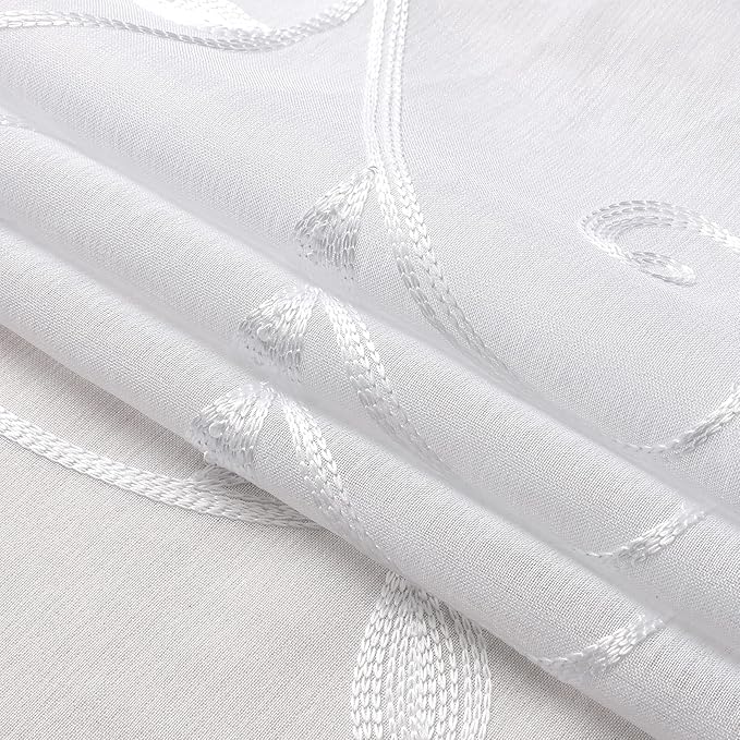 VISIONTEX White Leaves Sheer Voile Curtains, Decorative Embroidery Rod Pocket Window Drapes for Home Living Room and Bedroom 54 x 84 Inch, Set of 2 Curtain Panels