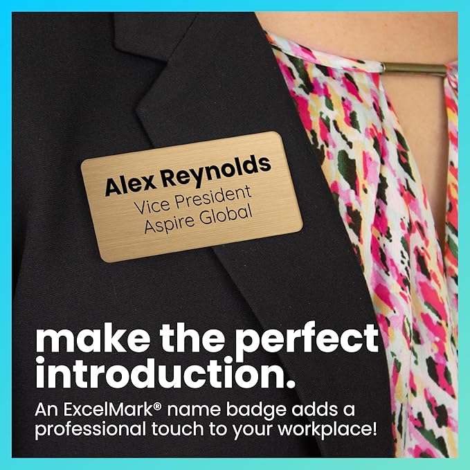 ExcelMark Custom Name Tag - Engraved Name Badge with Pin or Magnetic Backing, 16 Colors, 6 Fonts, and 2 Sizes to Choose from (Black w/Gold Letters, 1"x 3")